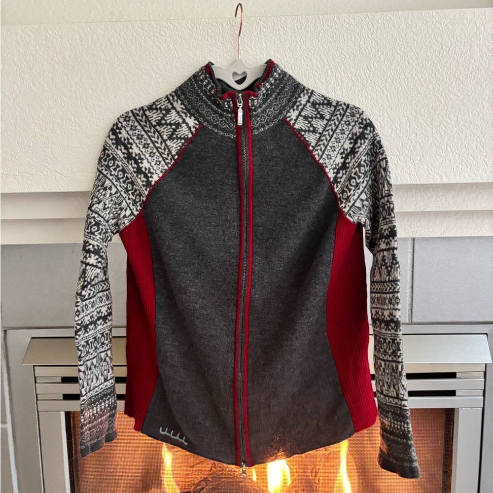 Eddie Bauer 100% Merino Wool Large Zip Up Nordic Patterned Sweater Gray & Red L